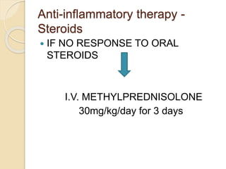 Anti-inflammatory therapy -
Steroids
 IF NO RESPONSE TO ORAL
STEROIDS
I.V. METHYLPREDNISOLONE
30mg/kg/day for 3 days
 