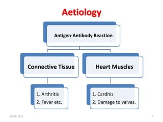 Aetiology
Antigen-Antibody Reaction
Connective Tissue
1. Arthritis
2. Fever etc.
Heart Muscles
1. Carditis
2. Damage to valves.
29/04/2015 7
 
