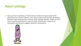 Nasal cytology
 Sinus puncture (maxillary or frontal sinus) remains the gold standard for
obtaining sinus culture material, with many studies showing little correlation
between nasal swab and sinus culture.Nasal cytology (Hansel, Wright of Gram
stain) could be performed in cases of acute rhinosinusitis. Presence of
neutrophils and bacteria suggests bacterial rhinosinusitis.
 