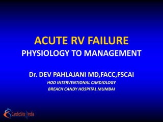 ACUTE RV FAILURE
PHYSIOLOGY TO MANAGEMENT
Dr. DEV PAHLAJANI MD,FACC,FSCAI
HOD INTERVENTIONAL CARDIOLOGY
BREACH CANDY HOSPITAL MUMBAI
 