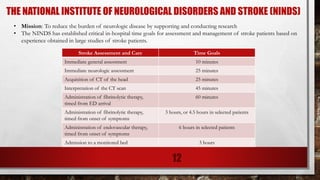 THE NATIONAL INSTITUTE OF NEUROLOGICAL DISORDERS AND STROKE (NINDS)
• Mission: To reduce the burden of neurologic disease by supporting and conducting research
• The NINDS has established critical in-hospital time goals for assessment and management of stroke patients based on
experience obtained in large studies of stroke patients.
Stroke Assessment and Care Time Goals
Immediate general assessment 10 minutes
Immediate neurologic assessment 25 minutes
Acquisition of CT of the head 25 minutes
Interpretation of the CT scan 45 minutes
Administration of fibrinolytic therapy,
timed from ED arrival
60 minutes
Administration of fibrinolytic therapy,
timed from onset of symptoms
3 hours, or 4.5 hours in selected patients
Administration of endovascular therapy,
timed from onset of symptoms
6 hours in selected patients
Admission to a monitored bed 3 hours
12
 