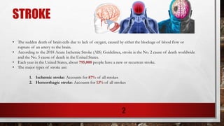 STROKE
• The sudden death of brain cells due to lack of oxygen, caused by either the blockage of blood flow or
rupture of an artery to the brain.
• According to the 2018 Acute Ischemic Stroke (AIS) Guidelines, stroke is the No. 2 cause of death worldwide
and the No. 5 cause of death in the United States.
• Each year in the United States, about 795,000 people have a new or recurrent stroke.
• The major types of stroke are:
1. Ischemic stroke: Accounts for 87% of all strokes
2. Hemorrhagic stroke: Accounts for 13% of all strokes
2
 