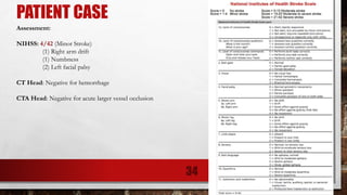 PATIENT CASE
Assessment:
NIHSS: 4/42 (Minor Stroke)
(1) Right arm drift
(1) Numbness
(2) Left facial palsy
CT Head: Negative for hemorrhage
CTA Head: Negative for acute larger vessel occlusion
34
 