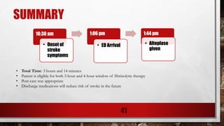 SUMMARY
41
10:30 am
• Onset of
stroke
symptoms
1:06 pm
• ED Arrival
1:44 pm
• Alteplase
given
• Total Time: 3 hours and 14 minutes
• Patient is eligible for both 3-hour and 4-hour window of fibrinolytic therapy
• Post-care was appropriate
• Discharge medications will reduce risk of stroke in the future
 