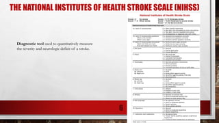 THE NATIONAL INSTITUTES OF HEALTH STROKE SCALE (NIHSS)
Diagnostic tool used to quantitatively measure
the severity and neurologic deficit of a stroke.
6
 