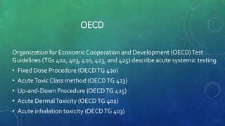 OECD
Organization for Economic Cooperation and Development (OECD)Test
Guidelines (TGs 402, 403, 420, 423, and 425) describe acute systemic testing.
• Fixed Dose Procedure (OECDTG 420)
• AcuteToxic Class method (OECDTG 423)
• Up‐and‐Down Procedure (OECDTG 425)
• Acute DermalToxicity (OECDTG 402)
• Acute inhalation toxicity (OECDTG 403)
 