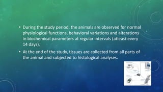 .• During the study period, the animals are observed for normal
physiological functions, behavioral variations and alterations
in biochemical parameters at regular intervals (atleast every
14 days).
• At the end of the study, tissues are collected from all parts of
the animal and subjected to histological analyses.
 