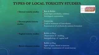 TYPES OF LOCAL TOXICITY STUDIES
Dermal toxicity studies
Dermal photo-toxicity
studies
Vaginal toxicity studies
Rectal tolerance studies
Rats & Rabbit
Local signs (erythema, oedema)
histological examination
Guinea pig
Used in treatment of leucoderma
Examination of erythema & oedema formation
Rabbit or Dog
Observation of swelling,
histopathology of vaginal wall
Rabbit or Dog
Signs of pain, blood or mucous
histology examination of rectal mucosa
 