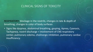 CLINICAL SIGNS OF TOXICITY
RESPIRATORY: blockage in the nostrils, changes in rate & depth of
breathing, changes in color of body surfaces
• Signs like dyspnea, abdominal breathing, gasping, Apnea, Cyanosis,
Tachypnea, nostril discharge = involvement of CNS respiratory
center, pulmonary edema, cholinergic inhibition, pulmonary cardiac
insufficiency.
 