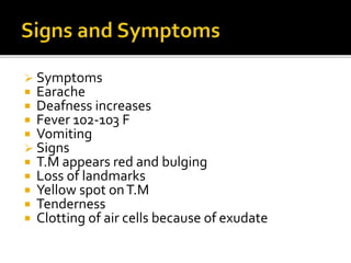  Symptoms
 Earache
 Deafness increases
 Fever 102-103 F
 Vomiting
 Signs
 T.M appears red and bulging
 Loss of landmarks
 Yellow spot onT.M
 Tenderness
 Clotting of air cells because of exudate
 