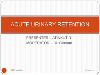 PRESENTER :- ATINKUT D.
MODERATOR: - Dr. Gersam
3/28/2014AUR seminar1
ACUTE URINARY RETENTION
 