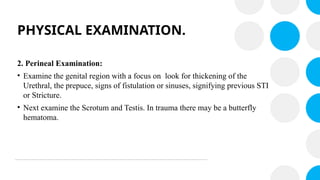 PHYSICAL EXAMINATION.
2. Perineal Examination:
• Examine the genital region with a focus on look for thickening of the
Urethral, the prepuce, signs of fistulation or sinuses, signifying previous STI
or Stricture.
• Next examine the Scrotum and Testis. In trauma there may be a butterfly
hematoma.
 