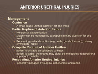 ANTERIOR URETHRAL INJURIES
• Management
– Contusion
• A small-gauge urethral catheter for one week
– Partial Rupture of Anterior Urethra
• No urethral catheterization
• Majority can be managed by suprapubic urinary diversion for one
week
• Penetrating partial disruption (e.g., knife, gunshot wound), primary
(immediate) repair.
– Complete Rupture of Anterior Urethra
• patient is unstable a suprapubic catheter.
• patient is stable, the urethra may either be immediately repaired or a
suprapubic catheter
– Penetrating Anterior Urethral Injuries
• generally managed by surgical debridement and repair
 