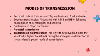 ● Feco-oral route of transmission: Buy contaminated food and water
● Zoonotic transmission: Associated with HEV3 and HEV4 following
consumption of infected pork and shellfish
● Contaminated Blood transfusion
● Perinatal transmission
● Transmission via breast milk: This is yet to be proved but since the
viral load is high in breast milk during the acute phase of infection, it
is considered a potent mode of transmission.
MODES OF TRANSMISSION
 