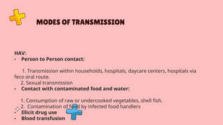 MODES OF TRANSMISSION
HAV:
• Person to Person contact:
1. Transmission within households, hospitals, daycare centers, hospitals via
feco oral route.
2. Sexual transmission
• Contact with contaminated food and water:
1. Consumption of raw or undercooked vegetables, shell fish.
2. Contamination of food by infected food handlers
• Illicit drug use
• Blood transfusion
 
