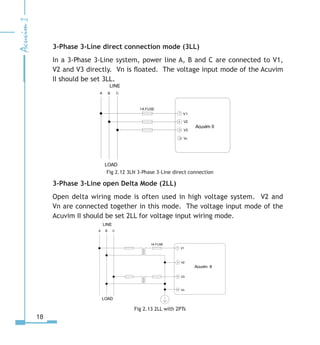 18
3-Phase 3-Line direct connection mode (3LL)
In a 3-Phase 3-Line system, power line A, B and C are connected to V1,
V2 and V3 directly. Vn is floated. The voltage input mode of the Acuvim
II should be set 3LL.
Fig 2.12 3LN 3-Phase 3-Line direct connection
3-Phase 3-Line open Delta Mode (2LL)
Open delta wiring mode is often used in high voltage system. V2 and
Vn are connected together in this mode. The voltage input mode of the
Acuvim II should be set 2LL for voltage input wiring mode.
Fig 2.13 2LL with 2PTs
LINE
LOAD
V1
V
V



A B C
10 Vn
1A FUSE
Acuvim II
LINE
LOAD
V1
V
V
VN
Acuvim II



10
A B C
1A FUSE
 