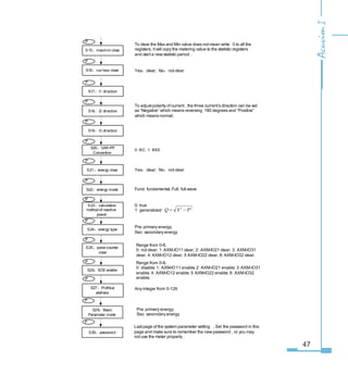 47
S15：max/min clear
P
S1：run hour clear
P
S1：I1 direction
P
S1：I2 direction
P
S1：I3 direction
P
To adjust polarity of current , the three current’s direction can be set
as “Negative” which means reversing 180 degrees and “Positive”
which means normal.
S0：VAR /PF
Convention
P
0: IEC, 1: IEEE
S1：energy clear
P
S：energy mode
P
Fund: fundamental; Full: full wave
S：calculation
method of reactive
power
P
0: true
1: generalized
S：energy type
P
Pre: primary energy;
Sec: secondary energy
S5：pulse counter
clear
P
S：password
P
Last page of the system parameter setting . Set the password in this
page and make sure to remember the new password , or you may
not use the meter properly .
S：Profibus
address
P
Any integer from 0-1
22
PSQ −=
P
S：SOE enable
Yes：clear; No：not clear
Yes：clear; No：not clear
To clear the Max and Min value does not mean write 0 to all the
registers, it will copy the metering value to the statistic registers
and start a new statistic period .
Range from 0-.
0: not clear; 1: AXM-IO11 clear; : AXM-IO21 clear; : AXM-IO31
clear; : AXM-IO12 clear; 5 AXM-IO22 clear; : AXM-IO32 clear;
Range from 0-.
0: disable; 1: AXM-IO11 enable; : AXM-IO21 enable; : AXM-IO31
enable; : AXM-IO12 enable; 5 AXM-IO22 enable; : AXM-IO32
enable;
S：Basic
Parameter mode
P
Pre: primary energy;
Sec: secondary energy
 