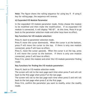 48
Note: The figure shows the rolling sequence for using key P. If using E
key for rolling page, the sequence will reverse.
d) Expanded I/O Module Parameter
In the expanded I/O module parameter mode, firstly choose the module
to be modified and then make the modification. If no expanded I/O
module is connected, it will display “NO IO”. At this time, Press H to go
back to the parameter selection mode and other keys have no effect.
Key functions for I/O module selection:
Press H, back to parameter selection mode.
Press P, move the cursor downwards. When the cursor is at the bottom,
press P will move the cursor to the top. If there is only one module
connected, press P will have no effect.
Press E, move the cursor upwards. When the cursor is at the top, press
E will move the cursor to the bottom. If there is only one module
connected, press E will have no effect.
Press V/A, select the module and enter the I/O module parameter finding
mode.
Key functions for finding the I/O module parameter:
Press H, back to I/O module selection mode.
The screen will roll to the next page each time when press P and will roll
back to the first page when press P at the last page.
The screen will roll to the last page each time when press E and will roll
back to the last page when press E at the first page.
Press V/A, confirm the parameter you want to modify, enter the modify
mode.
 