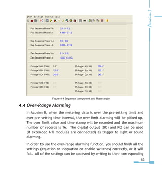 63
Figure 4-4 Sequence component and Phase angle
4.4 Over-Range Alarming
In Acuvim II, when the metering data is over the pre-setting limit and
over pre-setting time interval, the over limit alarming will be picked up.
The over limit value and time stamp will be recorded and the maximum
number of records is 16. The digital output (DO) and RO can be used
(if extended I/O modules are connected) as trigger to light or sound
alarming.
In order to use the over-range alarming function, you should finish all the
settings (equation or inequation or enable switches) correctly, or it will
fail. All of the settings can be accessed by writing to their corresponding
 