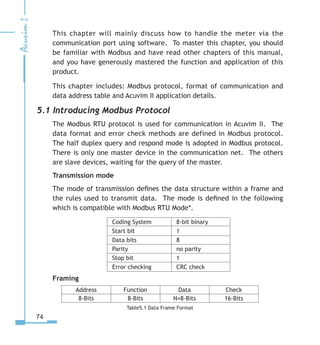 74
This chapter will mainly discuss how to handle the meter via the
communication port using software. To master this chapter, you should
be familiar with Modbus and have read other chapters of this manual,
and you have generously mastered the function and application of this
product.
This chapter includes: Modbus protocol, format of communication and
data address table and Acuvim II application details.
5.1 Introducing Modbus Protocol
The Modbus RTU protocol is used for communication in Acuvim II. The
data format and error check methods are defined in Modbus protocol.
The half duplex query and respond mode is adopted in Modbus protocol.
There is only one master device in the communication net. The others
are slave devices, waiting for the query of the master.
Transmission mode
The mode of transmission defines the data structure within a frame and
the rules used to transmit data. The mode is defined in the following
which is compatible with Modbus RTU Mode*.
Framing
Address Function Data Check
8-Bits 8-Bits N×8-Bits 16-Bits
Table5.1 Data Frame Format
Coding System 8-bit binary
Start bit 1
Data bits 8
Parity no parity
Stop bit 1
Error checking CRC check
 