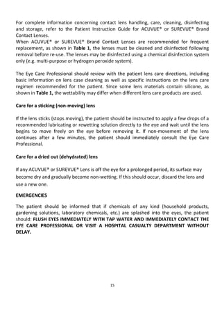 15
For complete information concerning contact lens handling, care, cleaning, disinfecting
and storage, refer to the Patient Instruction Guide for ACUVUE® or SUREVUE® Brand
Contact Lenses.
When ACUVUE® or SUREVUE® Brand Contact Lenses are recommended for frequent
replacement, as shown in Table 1, the lenses must be cleaned and disinfected following
removal before re-use. The lenses may be disinfected using a chemical disinfection system
only (e.g. multi-purpose or hydrogen peroxide system).
The Eye Care Professional should review with the patient lens care directions, including
basic information on lens case cleaning as well as specific instructions on the lens care
regimen recommended for the patient. Since some lens materials contain silicone, as
shown in Table 1, the wettability may differ when different lens care products are used.
Care for a sticking (non-moving) lens
If the lens sticks (stops moving), the patient should be instructed to apply a few drops of a
recommended lubricating or rewetting solution directly to the eye and wait until the lens
begins to move freely on the eye before removing it. If non-movement of the lens
continues after a few minutes, the patient should immediately consult the Eye Care
Professional.
Care for a dried out (dehydrated) lens
If any ACUVUE® or SUREVUE® Lens is off the eye for a prolonged period, its surface may
become dry and gradually become non-wetting. If this should occur, discard the lens and
use a new one.
EMERGENCIES
The patient should be informed that if chemicals of any kind (household products,
gardening solutions, laboratory chemicals, etc.) are splashed into the eyes, the patient
should: FLUSH EYES IMMEDIATELY WITH TAP WATER AND IMMEDIATELY CONTACT THE
EYE CARE PROFESSIONAL OR VISIT A HOSPITAL CASUALTY DEPARTMENT WITHOUT
DELAY.
 