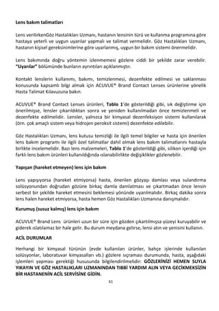 61
Lens bakım talimatları
Lens verilirkenGöz Hastalıkları Uzmanı, hastanın lensinin türü ve kullanma programına göre
hastaya yeterli ve uygun uyarılar yapmalı ve talimat vermelidir. Göz Hastalıkları Uzmanı,
hastanın kişisel gereksinimlerine göre uyarlanmış, uygun bir bakım sistemi önermelidir.
Lens bakımında doğru yöntemin izlenmemesi gözlere ciddi bir şekilde zarar verebilir.
“Uyarılar” bölümünde bunların ayrıntıları açıklanmıştır.
Kontakt lenslerin kullanımı, bakımı, temizlenmesi, dezenfekte edilmesi ve saklanması
konusunda kapsamlı bilgi almak için ACUVUE® Brand Contact Lenses ürünlerine yönelik
Hasta Talimat Kılavuzuna bakın.
ACUVUE® Brand Contact Lenses ürünleri, Tablo 1’de gösterildiği gibi, sık değiştirme için
önerilmişse, lensler çıkarıldıktan sonra ve yeniden kullanılmadan önce temizlenmeli ve
dezenfekte edilmelidir. Lensler, yalnızca bir kimyasal dezenfeksiyon sistemi kullanılarak
(örn. çok amaçlı sistem veya hidrojen peroksit sistemi) dezenfekte edilebilir.
Göz Hastalıkları Uzmanı, lens kutusu temizliği ile ilgili temel bilgiler ve hasta için önerilen
lens bakım programı ile ilgili özel talimatlar dahil olmak lens bakım talimatlarını hastayla
birlikte incelemelidir. Bazı lens malzemeleri, Tablo 1’de gösterildiği gibi, silikon içerdiği için
farklı lens bakım ürünleri kullanıldığında ıslanabilirlikte değişiklikler gözlenebilir.
Yapışan (hareket etmeyen) lens için bakım
Lens yapışıyorsa (hareket etmiyorsa) hasta, önerilen gözyaşı damlası veya sulandırma
solüsyonundan doğrudan gözüne birkaç damla damlatması ve çıkartmadan önce lensin
serbest bir şekilde hareket etmesini beklemesi yönünde uyarılmalıdır. Birkaç dakika sonra
lens halen hareket etmiyorsa, hasta hemen Göz Hastalıkları Uzmanına danışmalıdır.
Kurumuş (susuz kalmış) lens için bakım
ACUVUE® Brand Lens ürünleri uzun bir süre için gözden çıkartılmışsa yüzeyi kuruyabilir ve
giderek ıslatılamaz bir hale gelir. Bu durum meydana gelirse, lensi atın ve yenisini kullanın.
ACİL DURUMLAR
Herhangi bir kimyasal türünün (evde kullanılan ürünler, bahçe işlerinde kullanılan
solüsyonlar, laboratuvar kimyasalları vb.) gözlere sıçraması durumunda, hasta, aşağıdaki
işlemleri yapması gerektiği hususunda bilgilendirilmelidir: GÖZLERİNİZİ HEMEN SUYLA
YIKAYIN VE GÖZ HASTALIKLARI UZMANINDAN TIBBİ YARDIM ALIN VEYA GECİKMEKSİZİN
BİR HASTANENİN ACİL SERVİSİNE GİDİN.
 