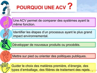 POURQUOI UNE ACV                     ?

    Une ACV permet de comparer des systèmes ayant la
     même fonction.



    Identifier les étapes d’un processus ayant le plus grand
     impact environnemental.


   Développer de nouveaux produits ou procédés.


    Mettre sur pied ou orienter des politiques publiques.



   Guider le choix des matières première, d’énergie, des
    types d’emballage, des filières de traitement des rejets.   7
 