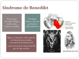 Estructuras
afectadas: III par,
núcleo rojo,
lemnisco medial
Etiología:
infarto (arterias
perforantes
rubrotalamicas)
Signos y síntomas: Lado opuesto
movimientos anormales,
coreoatetosis,hemianestesia
Lado de la lesión: Paresia del III
par de tipo nuclear
 