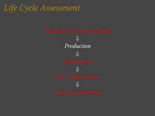 Life Cycle Assessment

           Extraction of raw materials
                       +
                   Production
                       +
                  Distribution
                       +
               Use / Maintenance
                       +
              Waste management
 