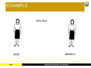 TANZANIA REVENUE AUTHORITY
TRA
EXAMPLE
100% SILK
DIOR BRAND X
30
 