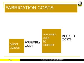 TANZANIA REVENUE AUTHORITY
TRA
FABRICATION COSTS
DIRECT
LABOUR
ASSEMBLY
COST
MACHINES
USED
TO
PRODUCE
INDIRECT
COSTS
58
 