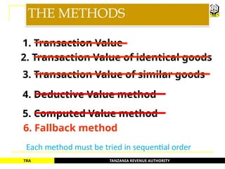 TANZANIA REVENUE AUTHORITY
TRA
THE METHODS
1. Transaction Value
2. Transaction Value of identical goods
3. Transaction Value of similar goods
4. Deductive Value method
5. Computed Value method
6. Fallback method
Each method must be tried in sequential order
60
 