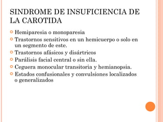 SINDROME DE INSUFICIENCIA DE LA CAROTIDA Hemiparesia o monoparesia Trastornos sensitivos en un hemicuerpo o solo en un segmento de este. Trastornos afásicos y disártricos Parálisis facial central o sin ella. Ceguera monocular transitoria y hemianopsia. Estados confusionales y convulsiones localizados o generalizados 