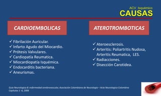 ACV Isquémico
CAUSAS
CARDIOEMBOLICAS
 Fibrilación Auricular.
 Infarto Agudo del Miocardio.
 Prótesis Valvulares.
 Cardiopatía Reumatica.
 Miocardiopatía Isquémica.
 Endocarditis bacteriana.
 Aneurismas.
ATEROTROMBOTICAS
 Ateroesclerosis.
 Arteritis: Poliartritis Nudosa,
Arteritis Reumatica, LES.
 Radiacciones.
 Disección Carotidea.
Guia Neurologica 8: enfermedad cerebrovascular, Asociación Colombiana de Neurologia – Acta Neurologica Colombina
Capitulos 1 -6, 2006
 