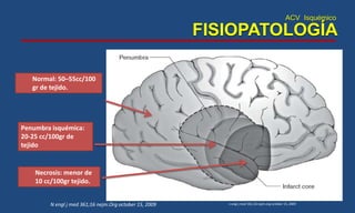 2% peso corporal y recibe 17% de gasto
cardiaco y 20% de oxigeno.
Determinantes de flujo sanguíneo
Presión de perfusión cerebral: PAM –PIC
Normal: 50–55cc/100
gr de tejido.
Necrosis: menor de
10 cc/100gr tejido.
Penumbra isquémica:
20-25 cc/100gr de
tejido
n engl j med 361;16 nejm.org october 15, 2009
FISIOPATOLOGÍA
ACV Isquémico
N engl j med 361;16 nejm.Org october 15, 2009
 