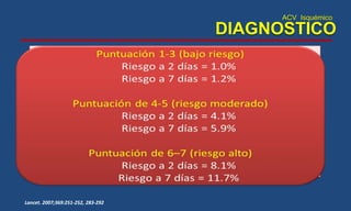 ACV Isquémico
DIAGNOSTICO
• Escalas hospitalarias:
– ABCD2:
• Facilita la decisión de hospitalización
– NIHSS:
• Estratifica la severidad del ACV
• Criterio para trombolisis
Lancet. 2007;369:251-252, 283-292
 