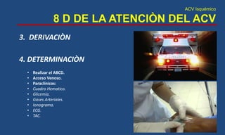 ACV Isquémico
8 D DE LA ATENCIÒN DEL ACV
3. DERIVACIÒN
4. DETERMINACIÒN
• Realizar el ABCD.
• Acceso Venoso.
• Paraclínicos:
• Cuadro Hematico.
• Glicemia.
• Gases Arteriales.
• Ionograma.
• ECG.
• TAC.
 