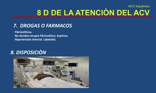 ACV Isquémico
8 D DE LA ATENCIÒN DEL ACV
7. DROGAS O FARMACOS
8. DISPOSICIÒN
Fibrinoliticos.
No deciden terapia Fibrinolitica: Aspirina.
Hipertensión Arterial. Labetalol.
 