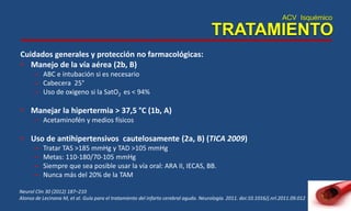 ACV Isquémico
TRATAMIENTO
Cuidados generales y protección no farmacológicas:
• Manejo de la vía aérea (2b, B)
– ABC e intubación si es necesario
– Cabecera 25°
– Uso de oxigeno si la SatO2 es < 94%
• Manejar la hipertermia > 37,5 °C (1b, A)
– Acetaminofén y medios físicos
• Uso de antihipertensivos cautelosamente (2a, B) (TICA 2009)
– Tratar TAS >185 mmHg y TAD >105 mmHg
– Metas: 110-180/70-105 mmHg
– Siempre que sea posible usar la vía oral: ARA II, IECAS, BB.
– Nunca más del 20% de la TAM
Neurol Clin 30 (2012) 187–210
Alonso de Lecinana M, et al. Guía para el tratamiento del infarto cerebral agudo. Neurología. 2011. doi:10.1016/j.nrl.2011.09.012
 