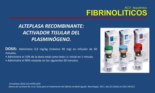 ACV Isquémico
FIBRINOLITICOS
Circulation 2013;115:e478-e534
Alonso de Lecinana M, et al. Guía para el tratamiento del infarto cerebral agudo. Neurología. 2011. doi:10.1016/j.nrl.2011.09.012
ALTEPLASA RECOMBINANTE:
ACTIVADOR TISULAR DEL
PLASMINÓGENO.
DOSIS: Administre 0,9 mg/kg (máximo 90 mg) en infusión de 60
minutos.
• Administre el 10% de la dosis total como bolo i.v. inicial en 1 minuto.
• Administre el 90% restante en los siguientes 60 minutos.
 
