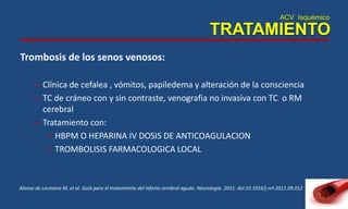 ACV Isquémico
TRATAMIENTO
Trombosis de los senos venosos:
– Clínica de cefalea , vómitos, papiledema y alteración de la consciencia
– TC de cráneo con y sin contraste, venografia no invasiva con TC o RM
cerebral
– Tratamiento con:
• HBPM O HEPARINA IV DOSIS DE ANTICOAGULACION
• TROMBOLISIS FARMACOLOGICA LOCAL
Alonso de Lecinana M, et al. Guía para el tratamiento del infarto cerebral agudo. Neurología. 2011. doi:10.1016/j.nrl.2011.09.012
 