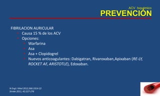 ACV Isquémico
PREVENCIÓN
N Engl J Med 2012;366:1914-22
Stroke 2011, 42:227-276
FIBRILACION AURICULAR
• Causa 15 % de los ACV
• Opciones:
• Warfarina
• Asa
• Asa + Clopidogrel
• Nuevos anticoagulantes: Dabigatran, Rivaroxaban,Apixaban (RE-LY,
ROCKET AF, ARISTOTLE), Edoxaban.
 