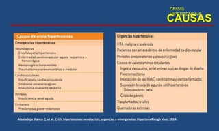 CAUSAS
Albaladejo Blanco C, et al. Crisis hipertensivas: seudocrisis, urgencias y emergencias. Hipertens Riesgo Vasc. 2014.
CRISIS
HIPERTENSIVA
 