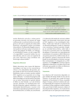 70
Medicina Interna de México 2019 enero-febrero;35(1)
O[[WZ!KVPVYNTPT]P
YL]LSHY ÄIYPSHJP}U HYPJSHY V PUMHY[V WYL]PV
en pacientes ancianos con factores de riesgo
cardiovascular. La realización de un ecocardio-
grama es útil ante la sospecha de endocarditis
bacteriana, valvulopatía o infarto con trombos
intracardiacos. El ultrasonido Doppler transcra-
neal puede ser útil para evaluar oclusiones en
HY[LYPHZKLSWVSxNVUVKLPSSPZZPULTIHYNV
su sensibilidad es menor a la de la angio-TAC
y la angio-RMN. La punción lumbar rara vez
está indicada, salvo en casos con sospecha de
una causa infecciosa o para corroborar una
hemorragia subaracnoidea.13
Diagnóstico diferencial
Deben descartarse otras causas del deterioro
neurológico con base en las características
clínicas y los antecedentes del paciente, por-
que puede ser fatal iniciar de forma errónea un
tratamiento contra un evento vascular cerebral
(EVC) isquémico en un paciente con un diag-
nóstico diferente.13
La instalación progresiva del
KtÄJP[ULYVS}NPJVLZTmZMYLJLU[LLUWHJPLU[LZ
con un tumor intracraneal en quienes además
LSKtÄJP[UVLZ[mSPTP[HKVHUZVSV[LYYP[VYPV
vascular. Asimismo, las manifestaciones mul-
tifocales bilaterales sugieren embolismo o una
enfermedad desmielinizante si ocurren crisis
sintomáticas separadas por periodos de ausencia
de manifestaciones. La cefalea, las convulsiones
y la alteración del estado de conciencia deben
sugerir una hemorragia intracraneal más que
un EVC isquémico o una encefalopatía meta-
bólica. Puede estar indicada la realización de
un electroencefalograma cuando se sospechan
crisis convulsivas continuas parciales comple-
jas sin actividad tónico-clónica, sobre todo si
se trata de un paciente joven con antecedente
de epilepsia. En pacientes con antecedentes de
convulsiones en ocasiones es difícil diferenciar
UHWHYLZPHWVZPJ[HSKLUKtÄJP[TV[VYKLVYP-
gen isquémico, porque la duración del mismo
puede ser tan prolongada en el primer caso que
lleve erróneamente a la búsqueda de un EVC
isquémico. En el *HKYVse muestran algunos
diagnósticos alternativos y los datos clínicos más
relevantes que pueden ser útiles en diferenciar
la causa del deterioro neurológico.
dƌĂƚĂŵŝĞŶƚŽ
Los objetivos del tratamiento dependen en
gran medida del tiempo desde el inicio de los
síntomas. En pacientes que acuden de forma
temprana, en las primeras 4.5 horas, es posible
dirigir el manejo a eliminar la obstrucción arte-
rial responsable de la isquemia (recanalización)
`YLPUZ[HYHYLSÅQVZHUNxULVJLYLIYHSYLWLYM-
sión), para limitar el daño neuronal y reducir el
área de penumbra isquémica. En el resto de los
pacientes que no son aptos para recibir terapias
Cuadro 3. ,ZJHSH50/::WHYHSHLZ[YH[PÄJHJP}UKLSHZL]LYPKHKKLSL]LU[V]HZJSHYJLYLIYHSPZXtTPJVJVU[PUHJP}U
Parámetro evaluado Respuesta Puntaje
*SHZPÄJHJP}UKLHJLYKVJVULSWU[HQLLUSHLZJHSHKL50/::
Puntaje *SHZPÄJHJP}U
0 Sin evento vascular cerebral isquémico
1-4 Evento vascular cerebral isquémico leve
5-15 Evento vascular cerebral isquémico moderado
16-20 Evento vascular cerebral isquémico moderado-severo
21-42 Evento vascular cerebral isquémico severo
 