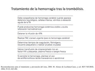 Tratamiento de la hemorragia tras la trombólisis. 
Recomendaciones para el tratamiento y prevención del ictus, 2004. M. Alonso de Leciñana-Cases, y col. REV NEUROL 
2004; 39 (5): 465-486 
 