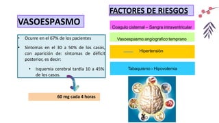 VASOESPASMO
• Ocurre en el 67% de los pacientes
• Síntomas en el 30 a 50% de los casos,
con aparición de: síntomas de déficit
posterior, es decir:
• Isquemia cerebral tardía 10 a 45%
de los casos.
FACTORES DE RIESGOS
Coagulo cisternal – Sangra intraventricular
Vasoespasmo angiografico temprano
Hipertensión
Tabaquismo - Hipovolemia
Nimodipino 60 mg cada 4 horas
 