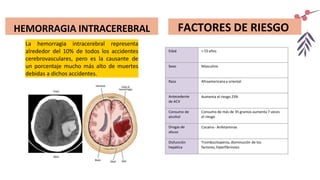 La hemorragia intracerebral representa
alrededor del 10% de todos los accidentes
cerebrovasculares, pero es la causante de
un porcentaje mucho más alto de muertes
debidas a dichos accidentes.
FACTORES DE RIESGO
Edad > 55años
Sexo Masculino
Raza Afroamericanay oriental
Antecedente
de ACV
Aumenta el riesgo 23%
Consumo de
alcohol
Consumo de más de 35 gramos aumenta 7 veces
el riesgo
Drogas de
abuso
Cocaína- Anfetaminas
Disfunción
hepática
Trombocitopenia, disminución de los
factores, hiperfibrinosis
HEMORRAGIA INTRACEREBRAL
 