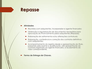 Repasse 
 Atividades 
 Reuniões com adquirentes, incorporador e agente financeiro; 
 Obtenção e regularização de documentos necessários para 
aprovação do financiamento pelos adquirentes (Repasse); 
 Elaboração de aditamentos e/ou alterações contratuais; 
 Elaboração, conferência e correção dos contratos definitivos 
com adquirentes; 
 Acompanhamento do registro desde a apresentação do título, 
passando pelo exame e qualificação, até apresentação do 
contrato registrado ao agente financeiro, e recebimento do 
valor correspondente. 
 Termo de Entrega de Chaves. 
 