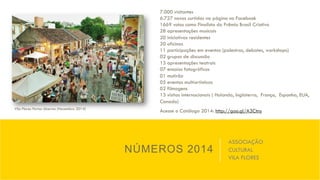 NÚMEROS 2014
Vila Flores Portas Abertas (Novembro 2014)
7.000 visitantes
6.727 novas curtidas na página no Facebook
1669 votos como Finalista do Prêmio Brasil Criativo
28 apresentações musicais
20 iniciativas residentes
20 oficinas
11 participações em eventos (palestras, debates, workshops)
02 grupos de discussão
13 apresentações teatrais
07 ensaios fotográficos
01 mutirão
05 eventos multiartísticos
02 filmagens
13 visitas internacionais ( Holanda, Inglaterra, França, Espanha, EUA,
Canada)
Acesse o Catálogo 2014: http://goo.gl/A3Ctny
ASSOCIAÇÃO
CULTURAL
VILA FLORES
 