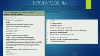 Los mecanismos implicados en el desarrollo del ictus isquémico pueden
dividirse en 3 grandes grupos: trombosis local, embolias o causas
hemodinámicas.
 